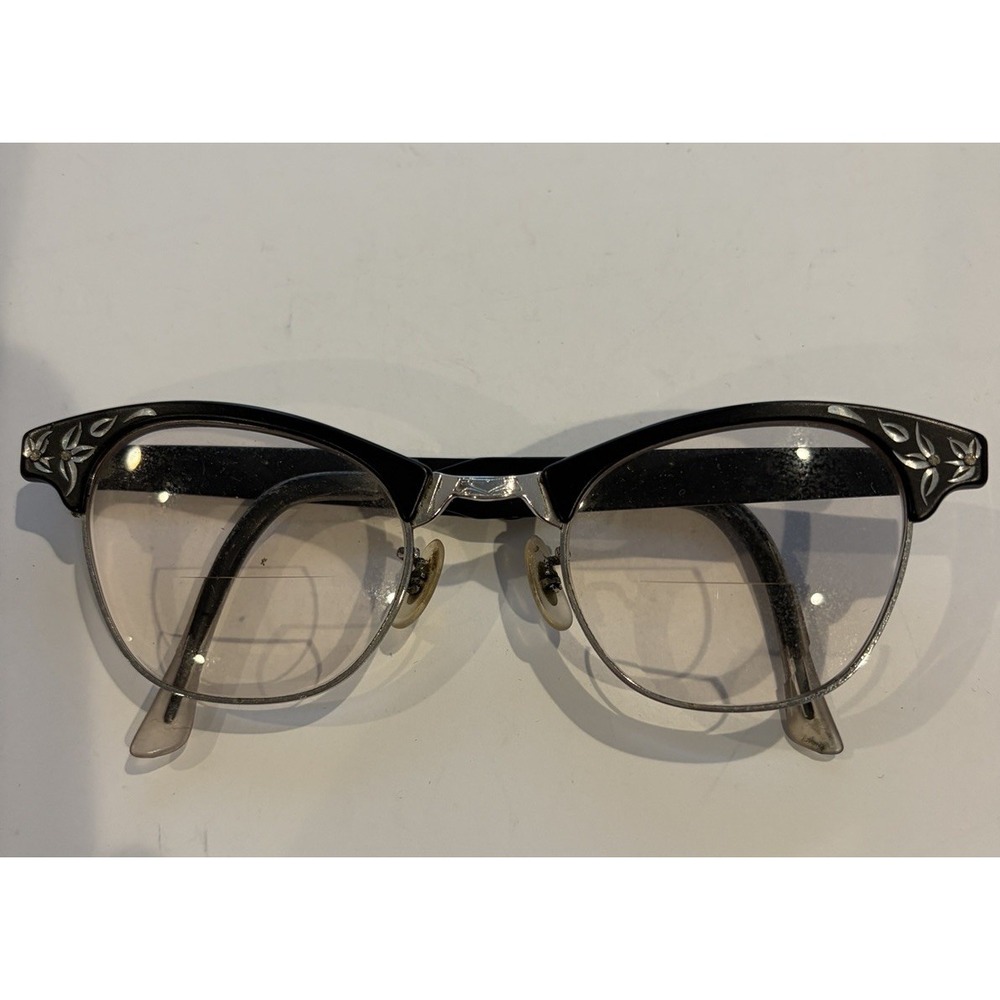 Vintage Art Craft Cat Eye Eyeglasses Black Silver Floral Aluminum USA 4 1/4
